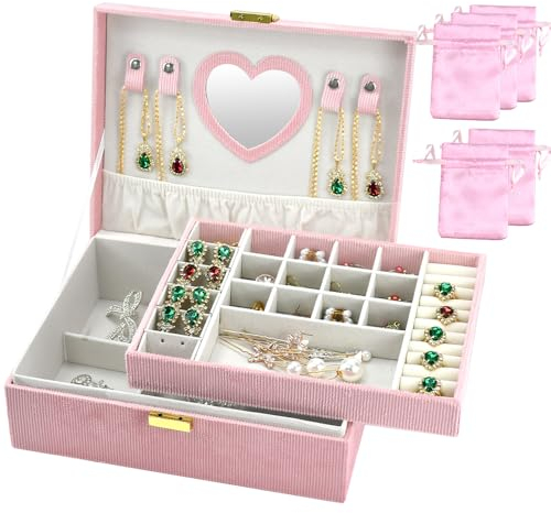 ADERTOS Scatole Porta Gioielli con Piccolo Specchio Organizer per Gioielli con Coperchio Portagioie in Velluto 2 Strati Organizer per Anelli, Orecchini, Collane, con Serratura, 25 * 20 * 9.5cm, Rosa