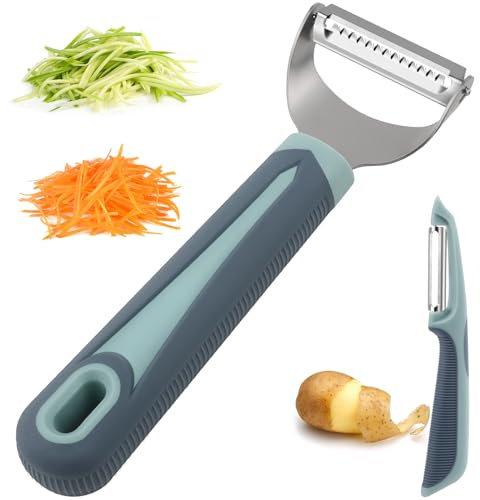Julienne Peeler Vegetable Peeler -Y Carrot Shredder Julienne Slicer with 4.8'' Long Silicone Handle -Potato Peeler Swivel Peeler for Kitchen, Set of 2 Blue