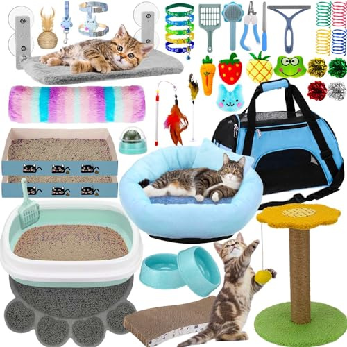 Locmeo 40 Pc Kitten Starter Kit - Indoor Cat Supplies, Include Litter Box, Toys, Collars, Bed, Scratch Pad, Nail File, Feed Bowls & More