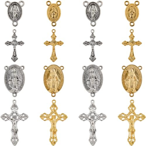 SUNNYCLUE 1 Box 40 Stück 8 Stile Rosenkranz Kreuz Anhänger Silberner Kruzifix Rosenkranz Anhänger Osterferien Goldene Tibetische Legierung Ovale Kronleuchter Glieder Anhänger Zur Schmuckherstellung An