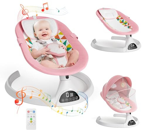 Fdlscpem Baby Swing Chair,Electric Baby Bouncer Chair with Bluetooth and Remote Control,Baby Bouncer from Birth with 5 Swing Speed, 3-Stage Timer, Baby Chair Featuring 2 Toys,12 Preset Lullabies,pink