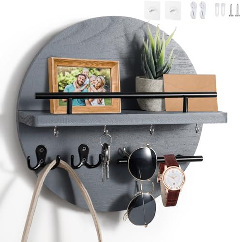 Dxiunove Schlüsselboard Vintage Holz mit Ablage Schlüsselbrett Rund Schlüsselhalter für Zuhause Dekorative Wandmontage Schlüsselbrett mit Vintage Charme(grau)