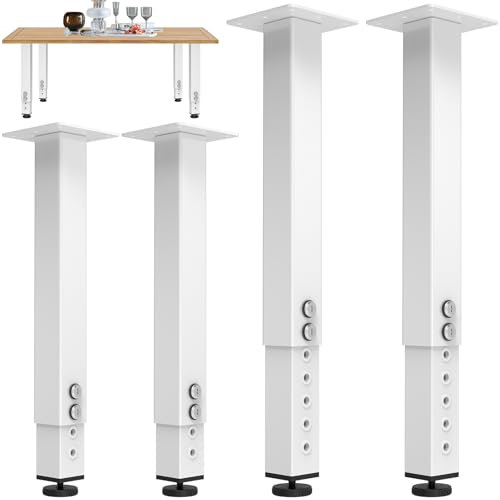 POROHOM Lot de 4 pieds de table carrés réglables (35,6 à 61 cm), pieds de bureau en métal, pieds de meubles pour tables, bureaux, comptoirs, tables de cuisine, bureau (blanc)