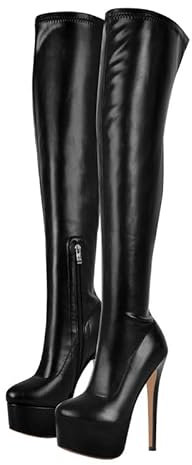 blingqueen Stivali elasticizzati da donna sopra il ginocchio, con plateau, Poliuretano nero., 43 EU