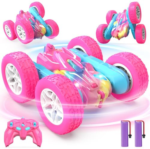 DEERC Rosa Ferngesteuertes Auto für Mädchen mit Buntem Licht, RC Stuntautos, 360° drehbares RC Stuntauto 4WD RC Spielzeugautos für Mädchen ab 6 Jahren