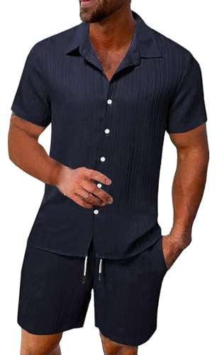 HANXIULIN Label 23 Herren-Sommer-Atmungsaktiver Zweiteiler mit faltigem Hemd und Shorts-Set, strukturierter Herren-Strandanzug Jogginganzug Rot (Navy, XXXL)
