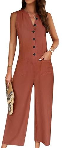 PUDANA Damen One Piece Lässig Jumpsuit Sommer Lässig Knöpfe Lacke Lange Hosen Romper Braun M