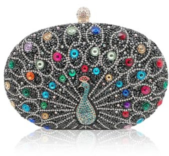 CORIOS Pfau Abendtasche für Damen Shiny Strass Clutch Tasche Diamant Clutch Tasche Kette Schultertasche Klein Tasche Elegante Luxus Abschlussball Hochzeit Bankett-Party Umhängetasche Schwarz