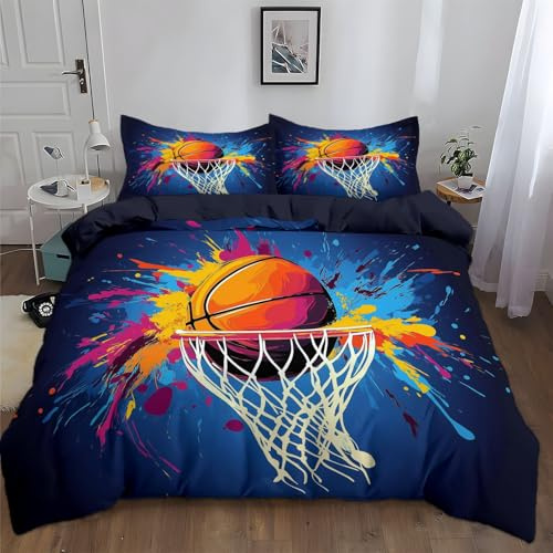 Generisch Bettwäsche-Sets 135x200cm Bunter Graffiti-Basketball Bettwäsche 3 Teilig, Weich Atmungsaktiv Polyester-Baumwolle Bettbezug Set mit Reißverschluss, 2 Kissenbezüge 80x80 cm