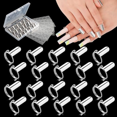 EBANKU 20PCS Wudu Nagel Ring für Acrylnägel, Verstellbare Fingernagel Ringe mit 120PCS Nagelkleber, Wiederverwendbar Metall Nagelring Set für künstliche Nägel, Nagelkunst Dekoration (Silber)