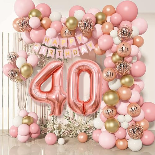 Rose Gold 40th Birthday Decorations for Women, 40th Birthday Balloon Arch Garland Kit with Number 40 Foil Balloons, Happy Birthdays Banner, Confetti Balloon for Women Party Decorations Supplies Age 40