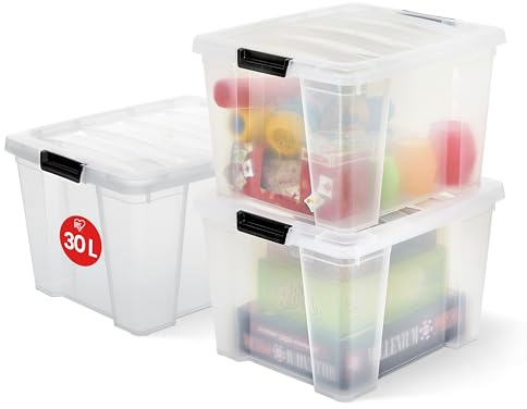 Iris Ohyama Aufbewahrungsboxen mit Deckel, 30L, 3er-Set, Transparent, Sicherer Verschluss, Stapelbar, Griffe, Schlafzimmer, Schrank, Büro, Organisation, BPA-freies Plastik, Ordnungsboxen, HB-30