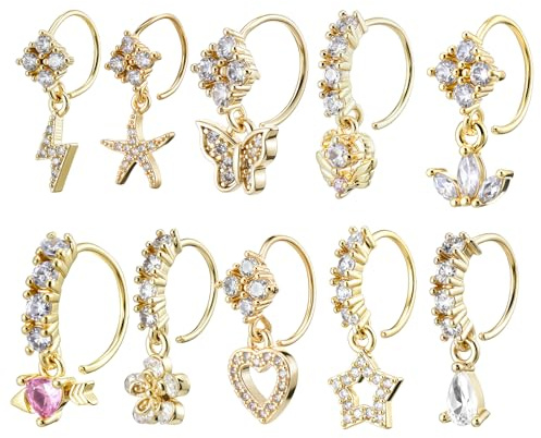 Yolev 10Pcs 20G Gold Dangly Nose Rings Hoop Butterfly Heart Moon Flower Star CZ Cartilage Earring Surgical Steel Dangling Nose Ring Body Piercing Jewelry for Women Men