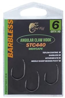 Angular Claw Carp Hooks Wide Gape - STC440, PTFE Coated Barbed/Barbless Claw Hooks size 2 to 8 for Carp fishing (Barbeless, 6)