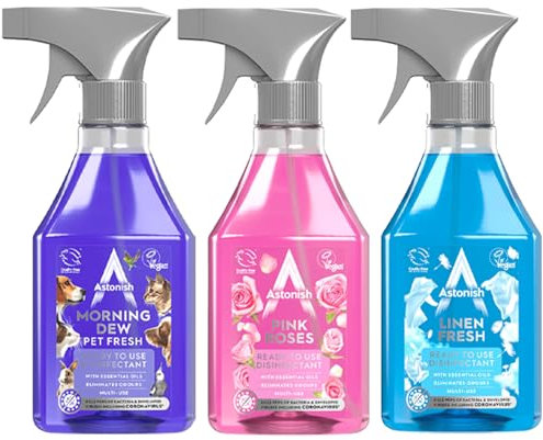 Astonish 3 Piece Household Cleaning Products Bundle, Gift Set, Combo Kit, Concentrated Disinfectant, 550ml Each, Linen Fresh, Morning Dew Pet, Pink Roses, Multi-Surface Cleaner