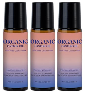 Glass Bottle Organic Castor Oil, Organic Castor Oil with Rose Quartz Roller, Gently Nourishes Skin, Deep Hydration & Smoothing, For Belly, Face, Body, Eyebrows And Eyelashes (3)