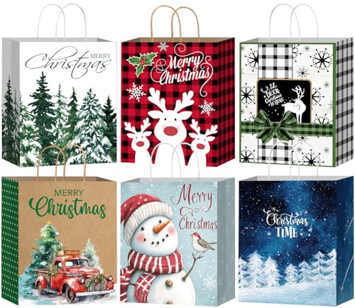 DECHISY 12 Stück Geschenktüten Weihnachten, Weihnachtstüten groß mit Griffen, Papiertüten Weihnachten perfekt für Weihnachts- und Neujahrsdekorationen, Skandi-Geschenktüten, 32 x 26 x 12cm