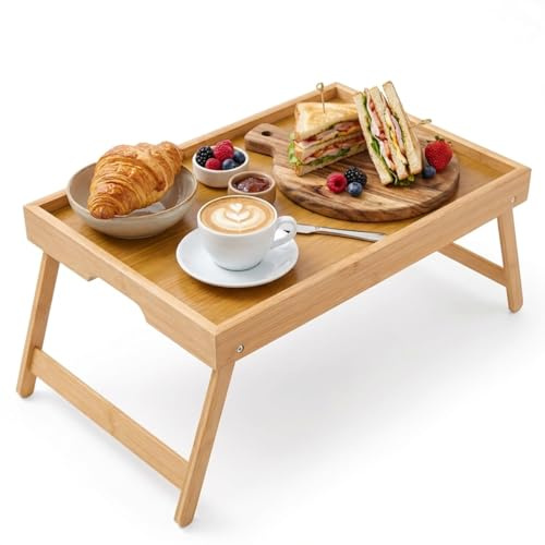 Zuxbolf Betttablett Klappbar Frühstückstablett Bambus Serviertablett | Rand Klapptisch 40x30x19cm Betttisch Laptoptisch Serviertisch Laptopständer Sofatablett Essenstablett für Bett (Holzfarbe)