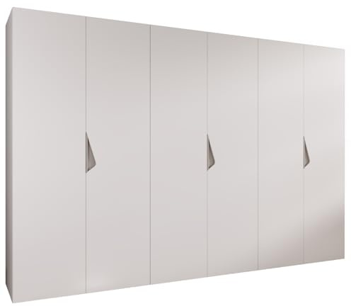 MEBLE KRYSPOL - Kleiderschrank - Garderobenschrank - 300 cm x 202 x 52 cm - Schrank mit Kleiderstange, 6 Türen - für Schlafzimmer, Flur - SANDI, Weiß, Griff Kaschmir