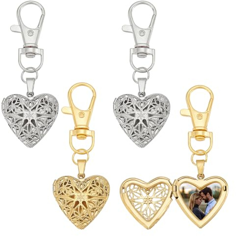 PLIGREAT - 4 llaveros, medallón de fotos en forma de corazón, con colgante floral tallado de acero inoxidable, 2 colores para mujer
