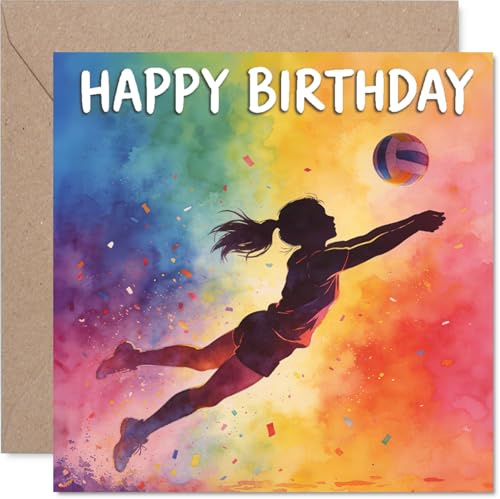 Verspielte Geburtstagskarte – Chase Down Every Birthday – Lebendige Regenbogen-Volleyball-Action mit dynamischer Silhouette – lebendige Energie für Sportfans – 145 mm quadratisch, Umschlag inklusive