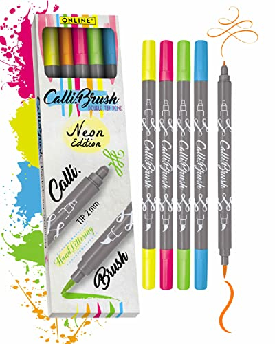 ONLINE Brush-Pen Set Calli.Brush NEON I 5 Double-Tip Pinselstifte mit Kalligrafie-Spitze & Pinselspitze I Ungiftige Handlettering Stifte als Kalligraphie Set für Bullet Journals, Aquarell, Mandalas
