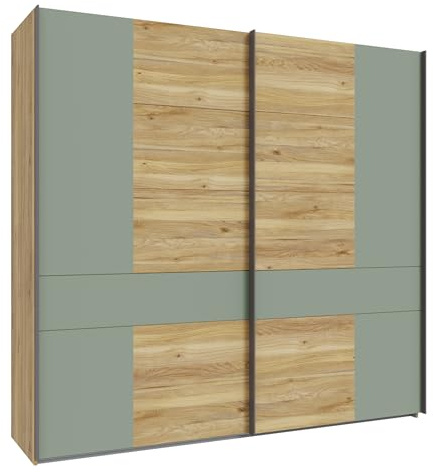 Forte WHENUA Kleiderschrank 220, Mid-Century-Modern Kleiderschrank mit 2 Schwebetüren, Holzwerkstoff, Mauvella Eiche Holzdekor/Salbei, 220,1 cm breit x 210,5 cm hoch x 62,1 cm tief