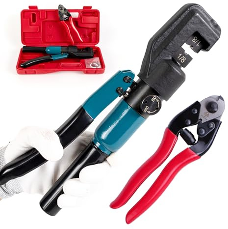 Muzata 45KN Upgraded Custom Hydraulic Hand Crimper Tool for 1/8 Stainless Steel Cable Railing Kit Hardware Wire Rope Swaging 1Pair Dies with Wire Cable Cutter CR09 CK12, CT1