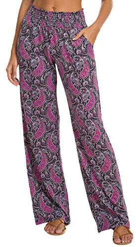 Urban Coco Women's Boho Palazzo Pants Wide Leg Beach Pants High Waisted Lounge Pants with Pockets, #8, Large