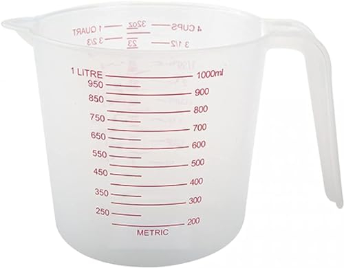 Verre doseur en plastique transparent de 1 l avec les mesures affichées en ml, cl, fl oz et pintes