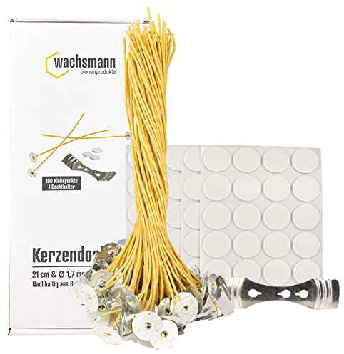 Bienenwachs-Docht aus Hanf – 100 Paraffinfreie Kerzendochte gewachst, Runddocht 21 cm lang, Ø 1,7 mm, für Kerzen bis maximal 4 cm Durchmesser, mit Dochthalter & Klebepunkten, Kerzen selber Machen