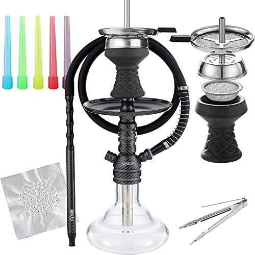 Chicha Kit Complet Motif en Fibre de Carbone Shisha avec Silicone Tuyau Foyer Tête cheminée Pince Embout, 44cm Chicha Petite Taille Base en verre Narguilé Ensemble Complet Dernier Style Noir