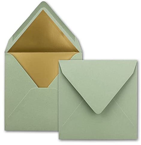 100 quadratische Brief-Umschläge - 15,5 x 15,5 cm, Eukalyptus (Grün) - mit Gold-Papier gefüttert - Nassklebung - FarbenFroh by GUSTAV NEUSER
