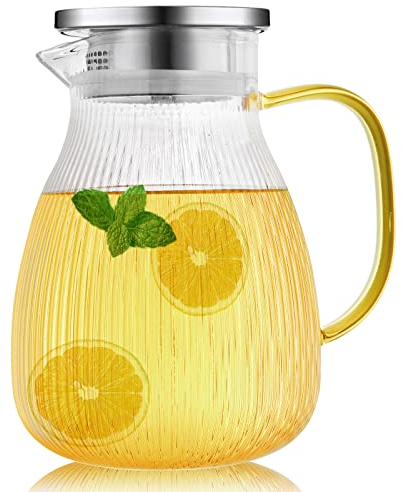 Lyellfe 51 Oz Glass Pitcher with Handle and Lid, Heat Resistant Water Beverage Pitcher, Borosilicate Tea Pitcher Jar for Hot/Cold Water, Milk and Homemade Beverage