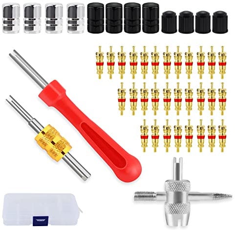 46 Pcs Valve Core Remover Tool, Car Bike Tyre Valve Core Tool Set with Dual & Single Head Valve Core Remover Tire Repair Tool,1 Pcs 4-Way Valve Tool, 12 Pcs Tire Valve Caps, 30 Pcs Valve Cores (Gold)