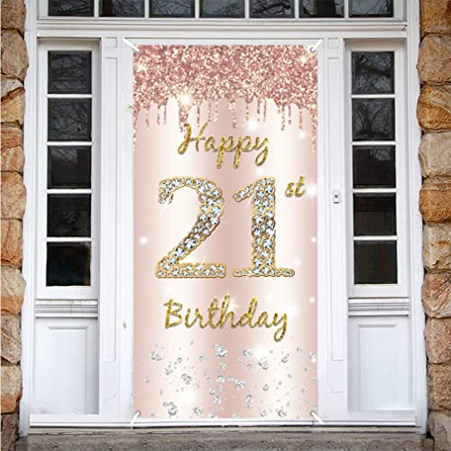 21st Birthday Decorations for Women, Happy 21 Birthday Backdrop Banner Rosegold Fabric Sign Poster Door Banner Party Welcome Sign