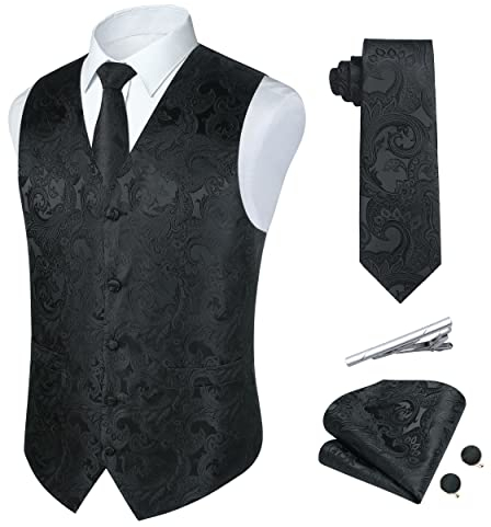 Rithern Herren Weste Paisley Floral Jacquard Seide Krawatte Einstecktuch Taschentuch Set mit Manschettenknöpfen und Krawattenklammer Set für Hochzeitsfeier Anzug Weste Set Grau XXL