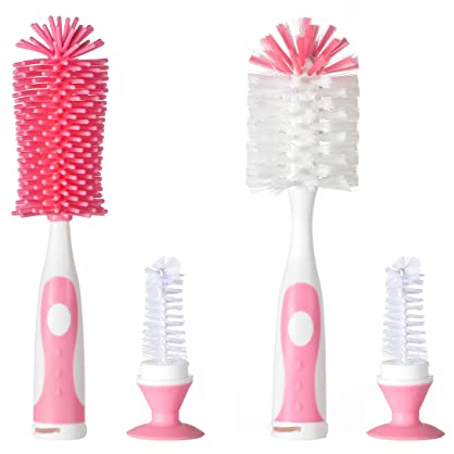 Chemimoso Multifunctional Cleaning Brush, Baby Bottle Brush, Bottle Brush Cleaner, Rotate The Suction Cup to Obtain The Small Bristle Brushes, Set Z, Pink, Silicone and Nylon Brush