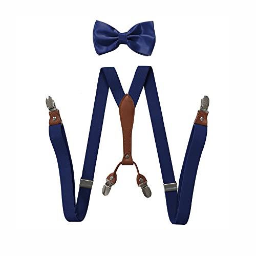 BaronHong Hosenträger-Fliegen-Set für Damen und Herren, 2,5 cm breit, Y-Form mit 4 Clips, verstellbare Hosenträger für formelle Hochzeiten (Marineblau, M)