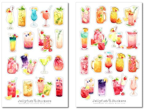 Sommer Cocktails Sticker Set - Bunte Aufkleber, Journal Sticker, Planer Sticker, Sticker Sommer, Party, Getränke, Rezepte, Früchte, Bar