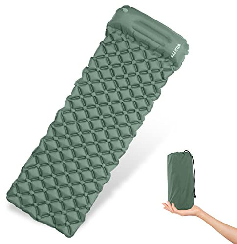 WILD FUN Isomatte für Camping, Ultraleicht, 5,1 cm, aufblasbare Isomatte mit Kissen für Wandern, Reisen, Camping (Dunkelgrün)