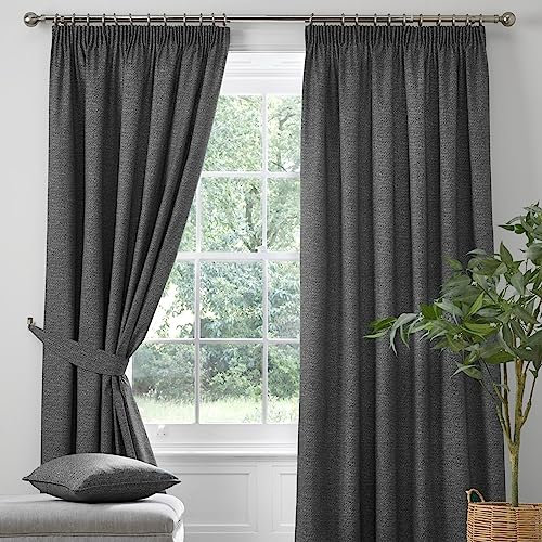 Dreams & Drapes - Charcoal Grey Blackout Pencil Pleat Curtains W66 x L72 (168 x 183cm) - 2x Tie Backs Included - Heavy Weight Thermal Soundproof for Bedroom/Living Room