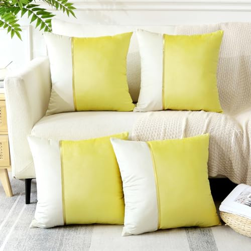 Sungeek 4er Set Kissenbezüge 45x45 cm, Weich Patchwork Samt Kissenbezug mit Gold Leder Dekorativ Zierkissenbezüge Couchkissen Deko Bezug Kissenhülle für Sofa Schlafzimmer Wohnzimmer (Zitronengelb)