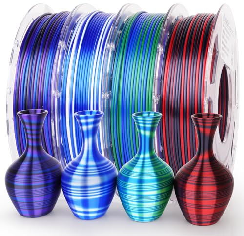AMOLEN Silk PLA 3D Drucker Filament Bundle, Multicolor Rainbow PLA 1.75mm, Glänzende schnelle Farbwechsel PLA unregelmäßige Streifen 3D Druck Filament für die meisten FDM 3D Drucker, 200g X 4 Spulen