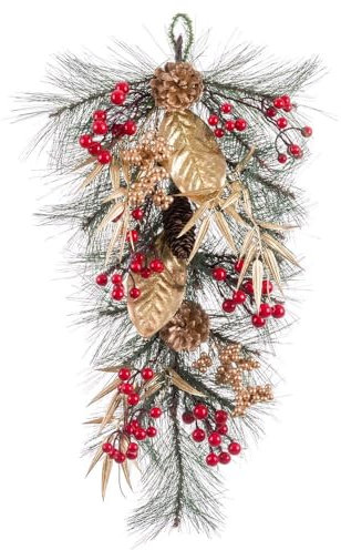 LOLAhome Ornamento Natalizio con Agrifoglio e Foglie di Pino Dorato da 60 cm