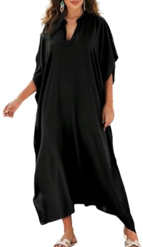 Bsubseach Kaftan Dresses for Women Plus Size Caftan Dress Solid Bikini Beach Swimsuit Cover Up Loungewear Black