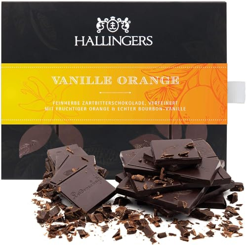 Hallingers Genuss Manufaktur Vegane Schokolade Geschenk - Tafel aus handgeschöpftem Edelkakao ohne Alkohol edler Karton Vanille-Orange Vanille-Orange, Geschenkidee für Frauen Männer