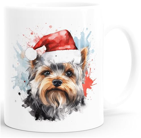 SpecialMe® Tasse Hunde-Motiv Weihnachten Weihnachtsmütze lustig Hunderassen Geschenk Hundebesitzer Aquarell Yorkshire Terrier weiß standard