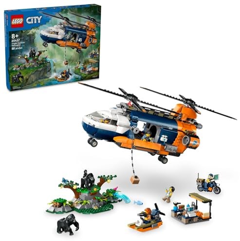 LEGO City Jungle Explorer Hubschrauber Spielzeug im Basislager – Kinder Spielzeug Abenteuer Bauset für Jungen und Mädchen ab 8 Jahren – mit 5 Minifiguren und Gorilla-Figuren – Geschenkideen zum
