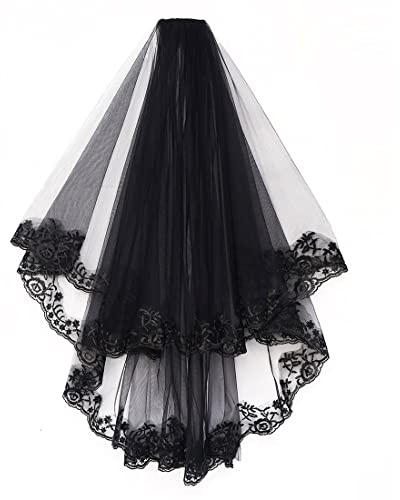 Caiguoer Schwarz Spitze HochzeitSchleier Tier Gothic Blume Braut Halloween Party Schleier mit Kamm Cosplay Zubehör für Frauen und Mädchen
